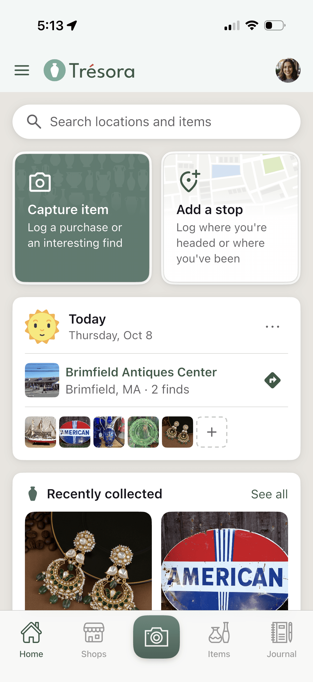 The Trésora home screen — quick actions, today's stop with its finds, and recently collected items