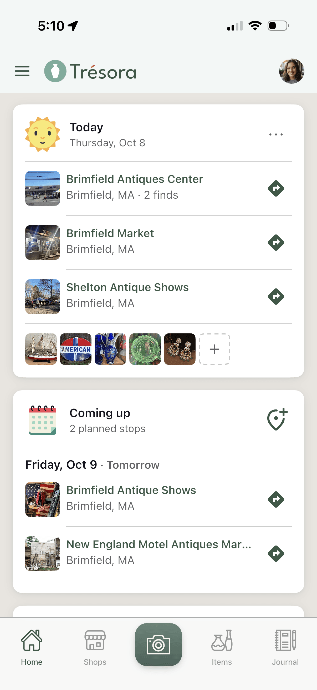 The Trésora home screen listing today's shop stops in Brimfield and the stops coming up tomorrow