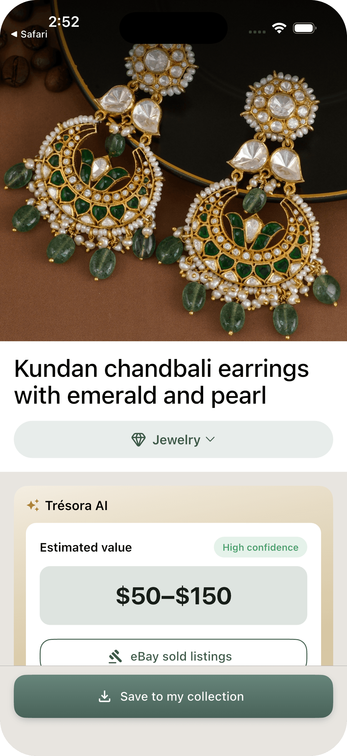 Trésora AI identifying a pair of antique kundan earrings with an estimated value and eBay sold listings