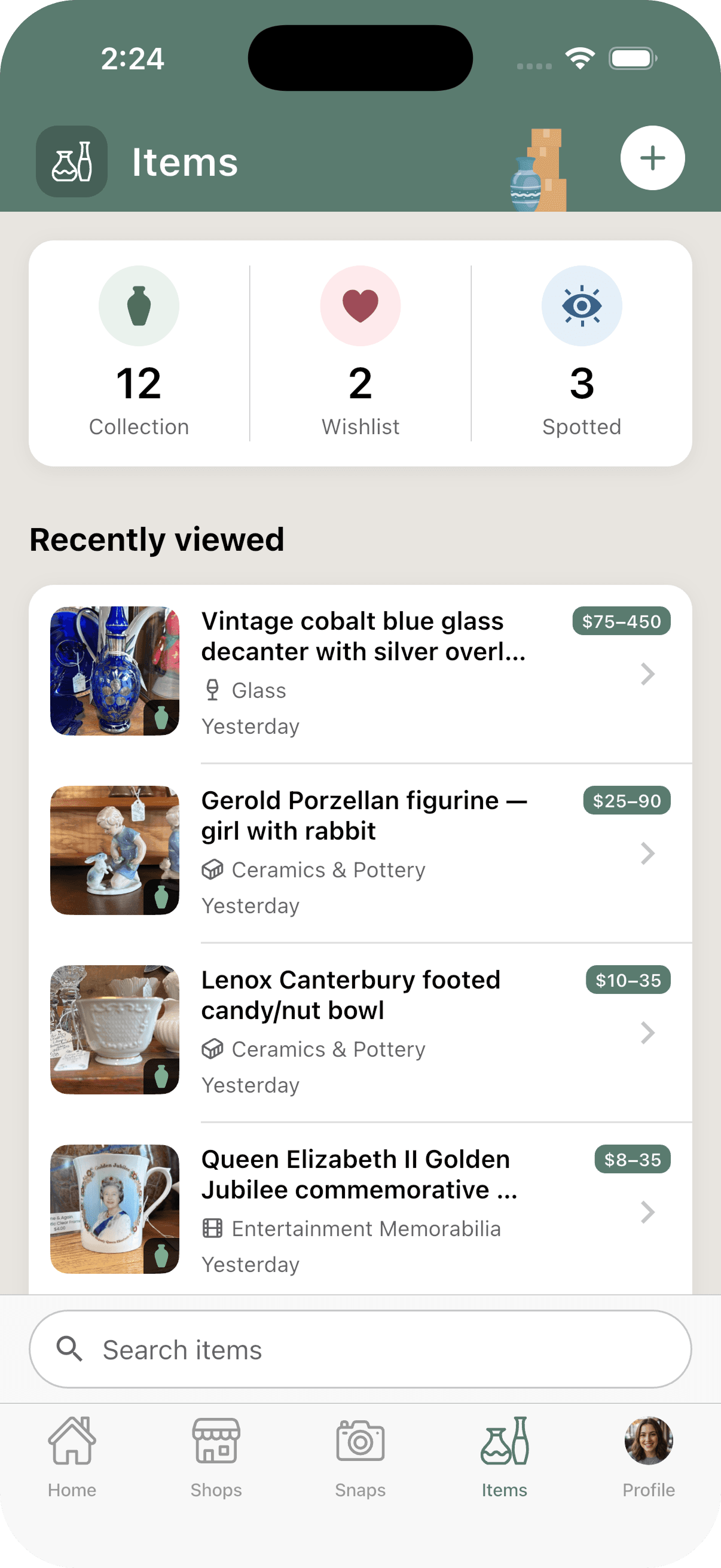 The Trésora items screen showing collection, wishlist, and spotted counts