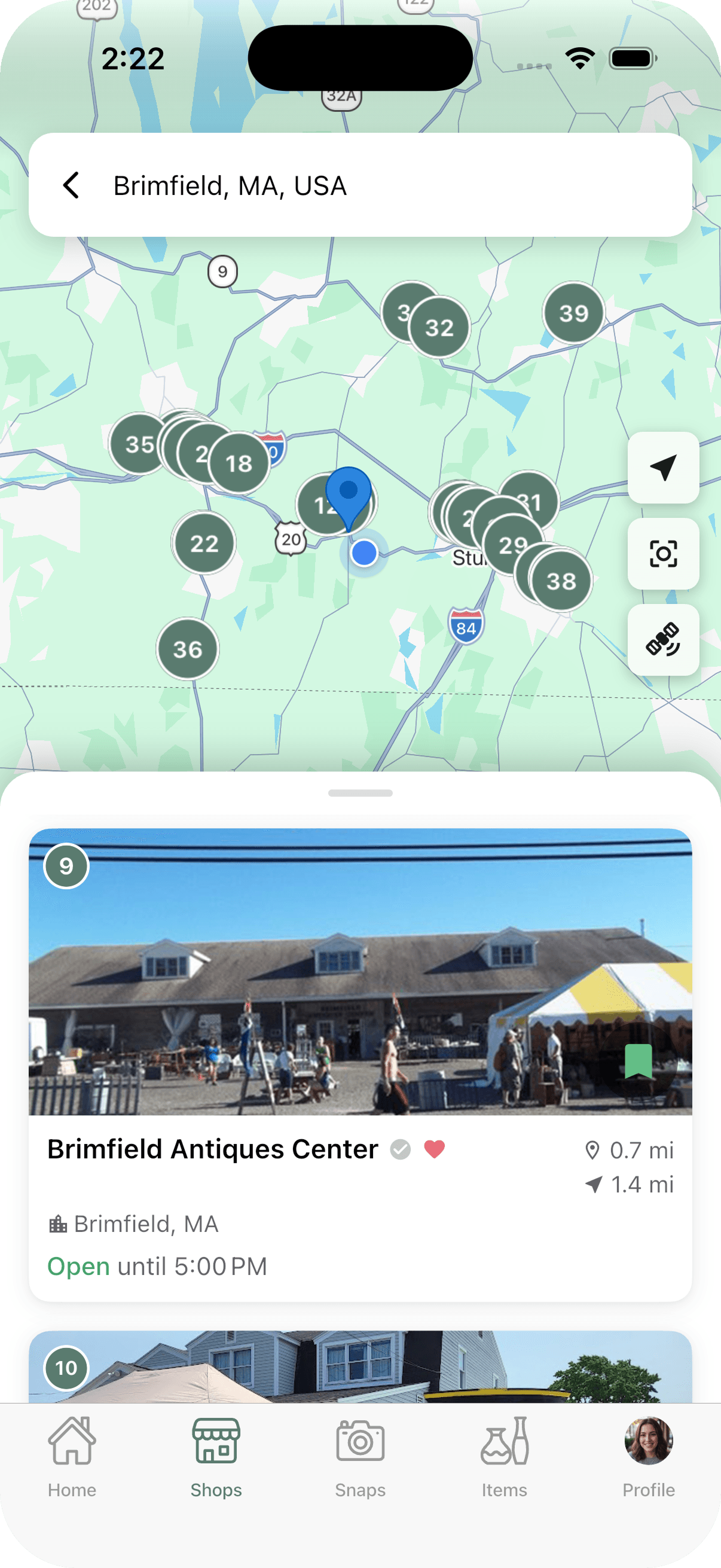 Trésora map showing dozens of antique shops near Brimfield, Massachusetts